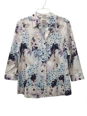 Chico's Floral Button-Front Blouse in Cream, Blue and Purple